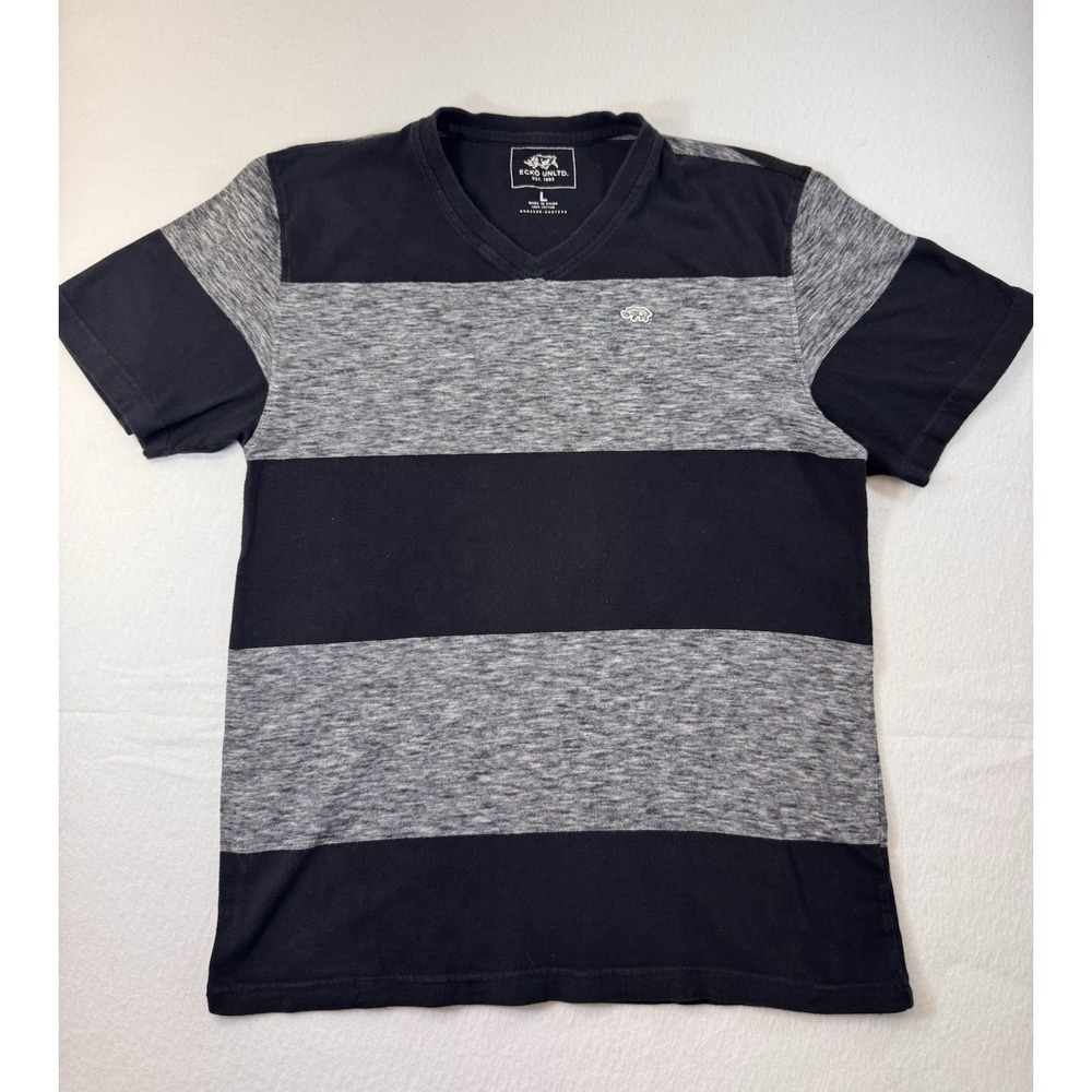 Ecko Unltd Mens T Shirt Black Gray Stripes Large Short Sleeve Rhino Logo Y2K EUC